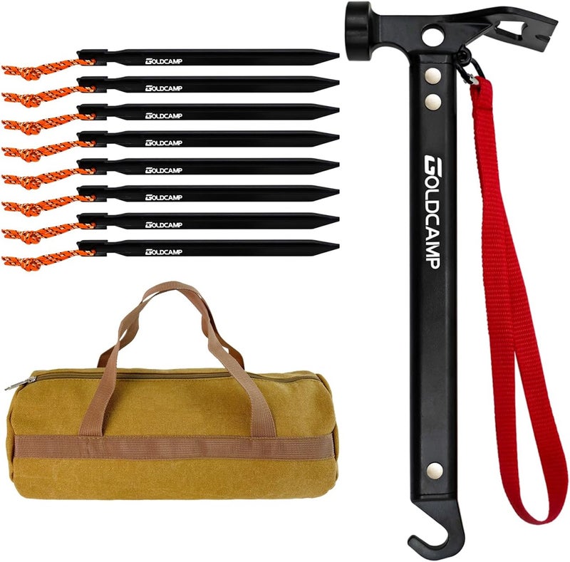 GoldCamp 8 Pack Tent Stakes and Hammer with Canvas Storage Bag, Heavy Duty Camping Stakes for Outdoor Tent & tarp-Essential Accessories, Carbon Steel Aluminum Camping Hammer for Hiking Kit - Image 1